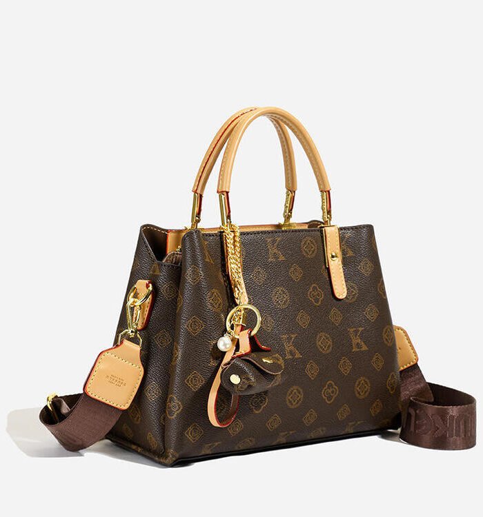 Monogram Print Winged Tote Handbag with Chain Charm and Detachable Strap