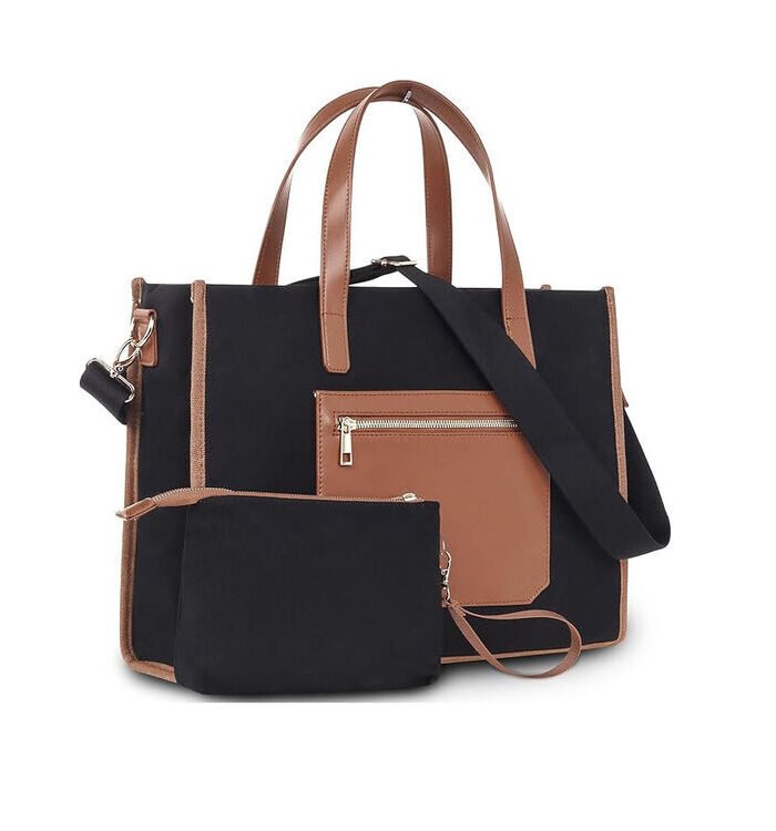 Canvas Tote Bag with Matching Pouch, Front Zip Pocket and Adjustable Strap
