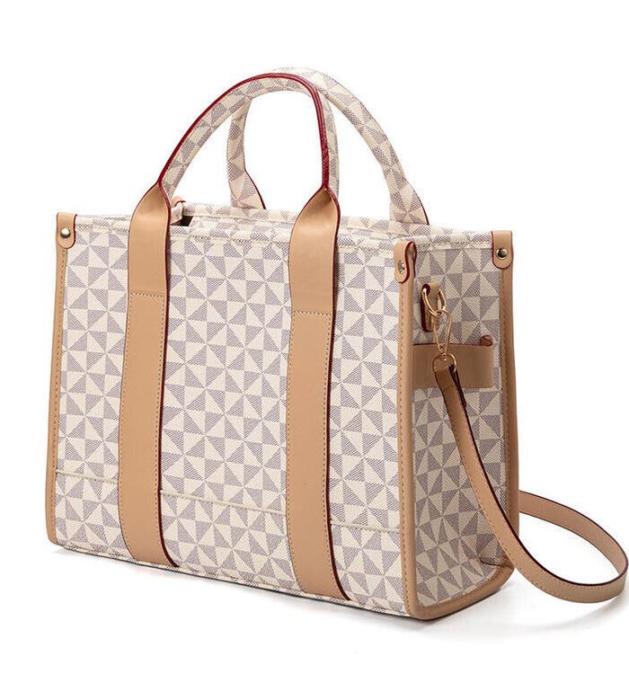 Geometric Print Tote Bag with Tan Trim and Detachable Strap