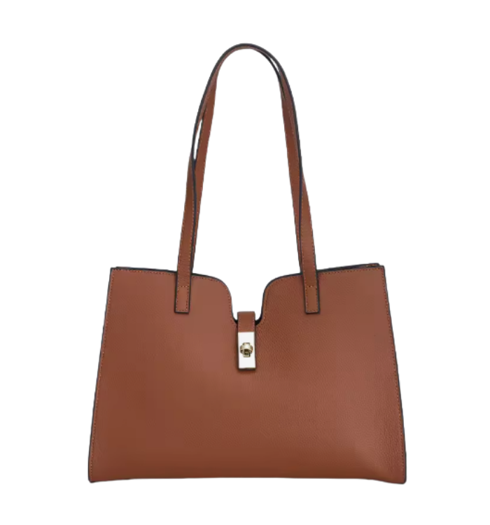 Classic Brown Pebbled Leather Tote Bag with Gold Twist-Lock Closure
