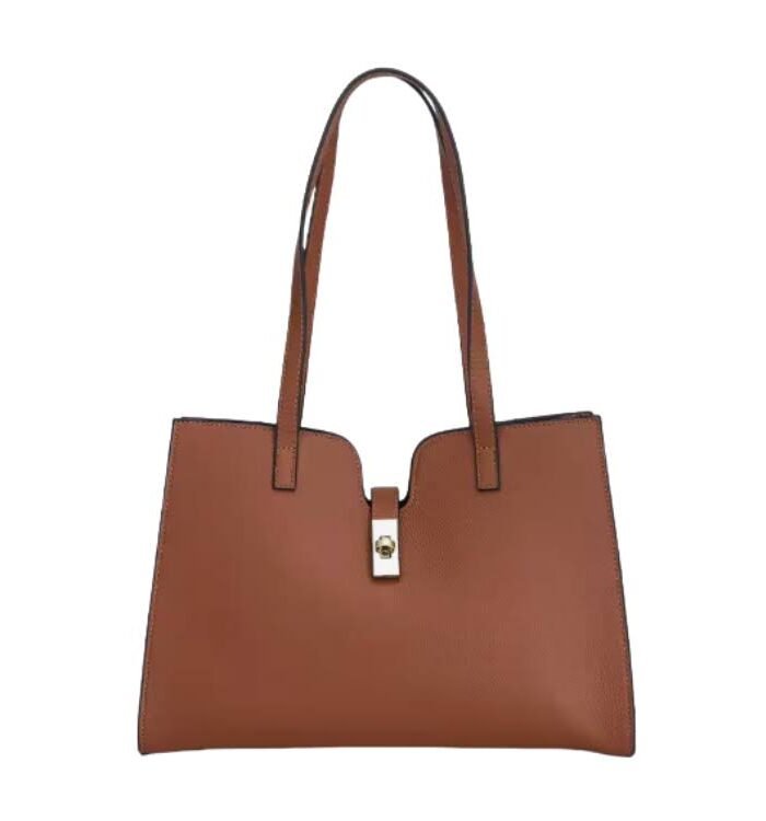 Classic Brown Pebbled Leather Tote Bag with Gold Twist-Lock Closure