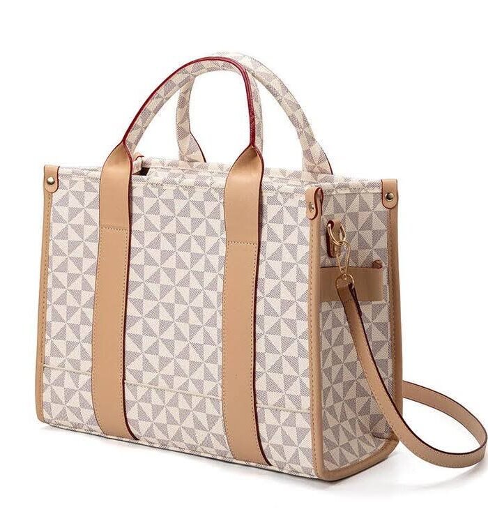 Geometric Print Tote Bag with Tan Trim and Detachable Strap