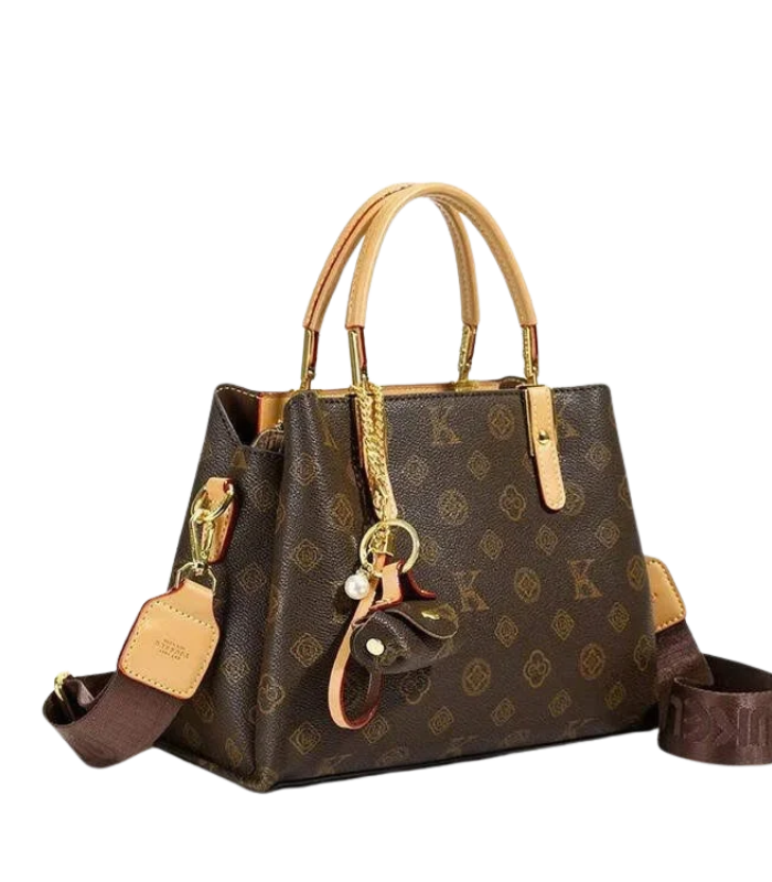 Monogram Print Winged Tote Handbag with Chain Charm and Detachable Strap